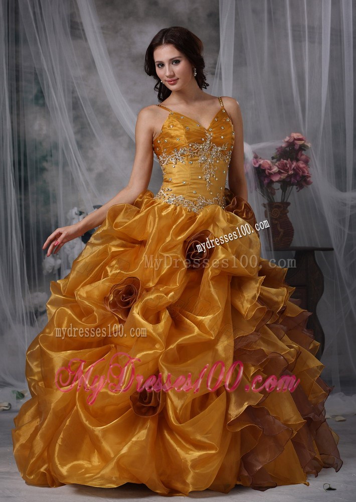 Brown Ball Gown Straps Beading and Appliques Quinceanera Dress Pick-ups
